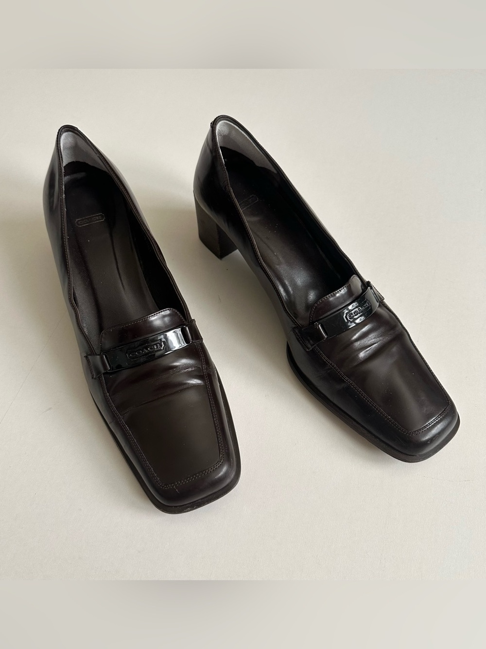 Coach Dark Brown Leather Square Toe Block Heel Pumps Size 8.5B